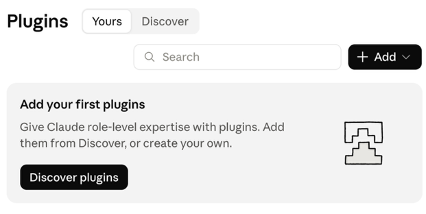 De pagina Plugins in Claude, leeg tot de eerste plugin via Discover is toegevoegd.