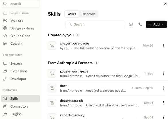 De pagina Skills in Claude: skills die de gebruiker zelf maakte, en skills van Anthropic en partners.